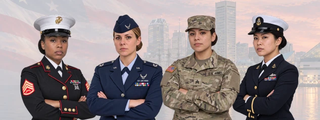 Four women in Marine Corps, Air Force, Army and Navy uniforms in front of the Baltimore skyline and an American flag